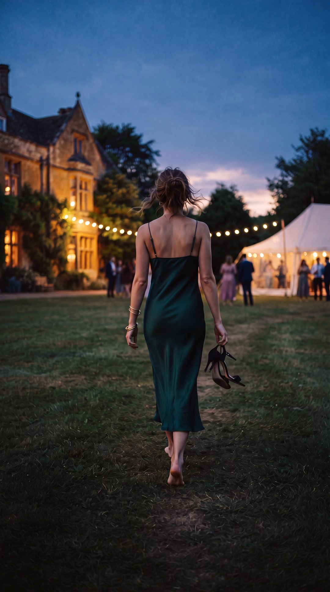 A woman crossing a lawn at dusk.